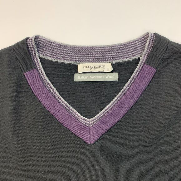 Clotherie Phoenix Wool Sweater Mens L Large Black/Purple V Neck Italian Merino - Picture 4 of 11